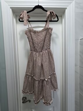Tiered Smocked Sundress in Beige Leopard Print